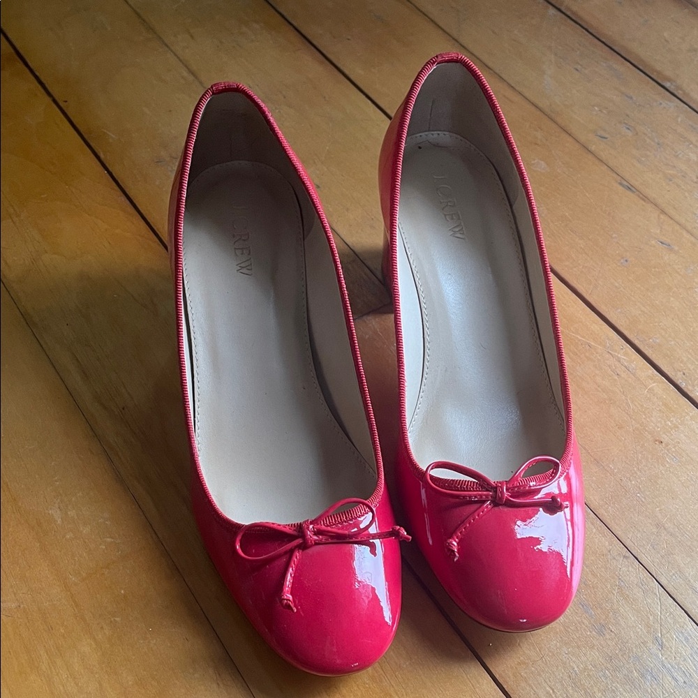 J. Crew Glossy Red Heels with Bow